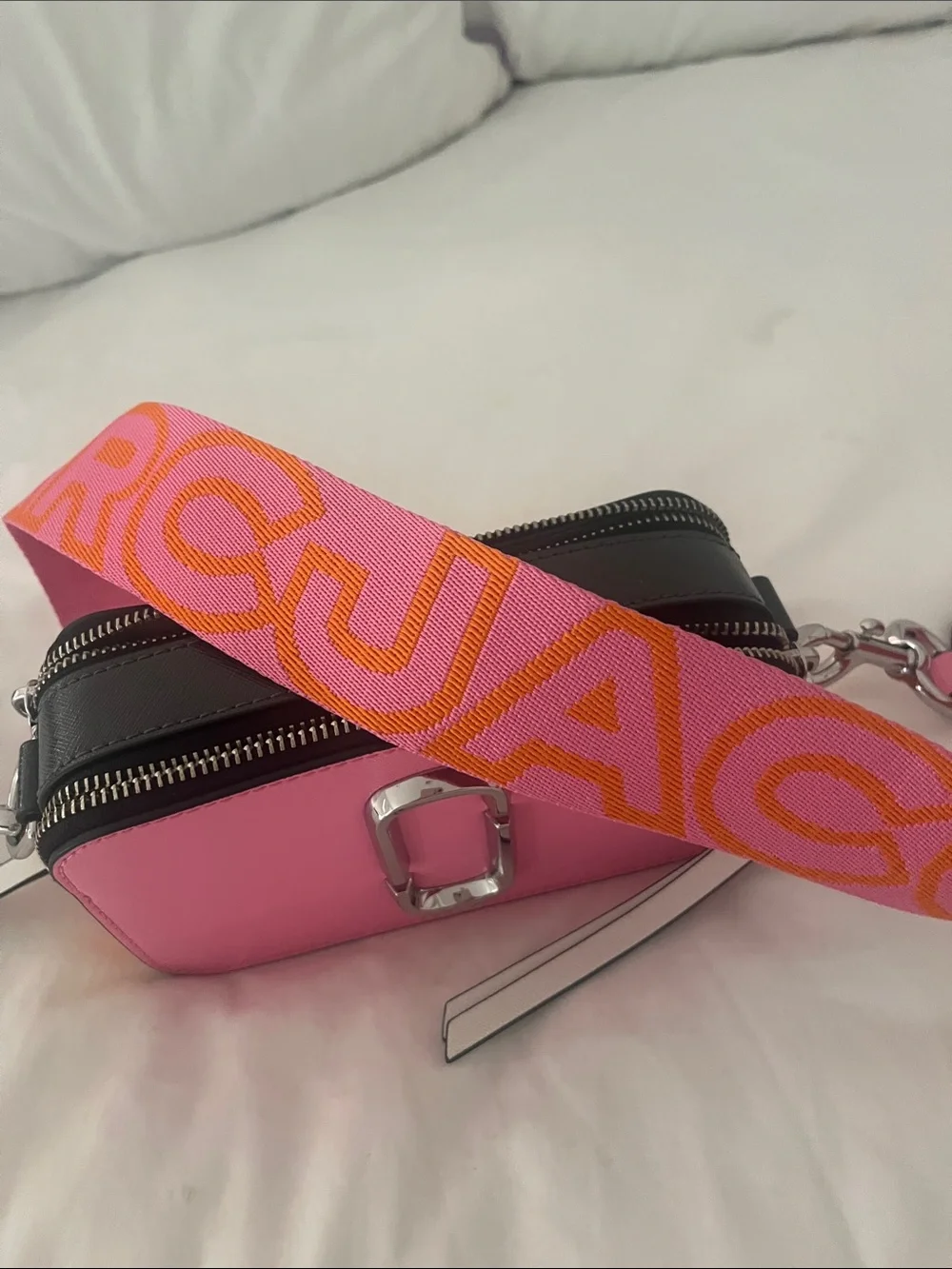 Marc Jacobs Pink Leather Snapshot with Pink & Orange Logo Strap